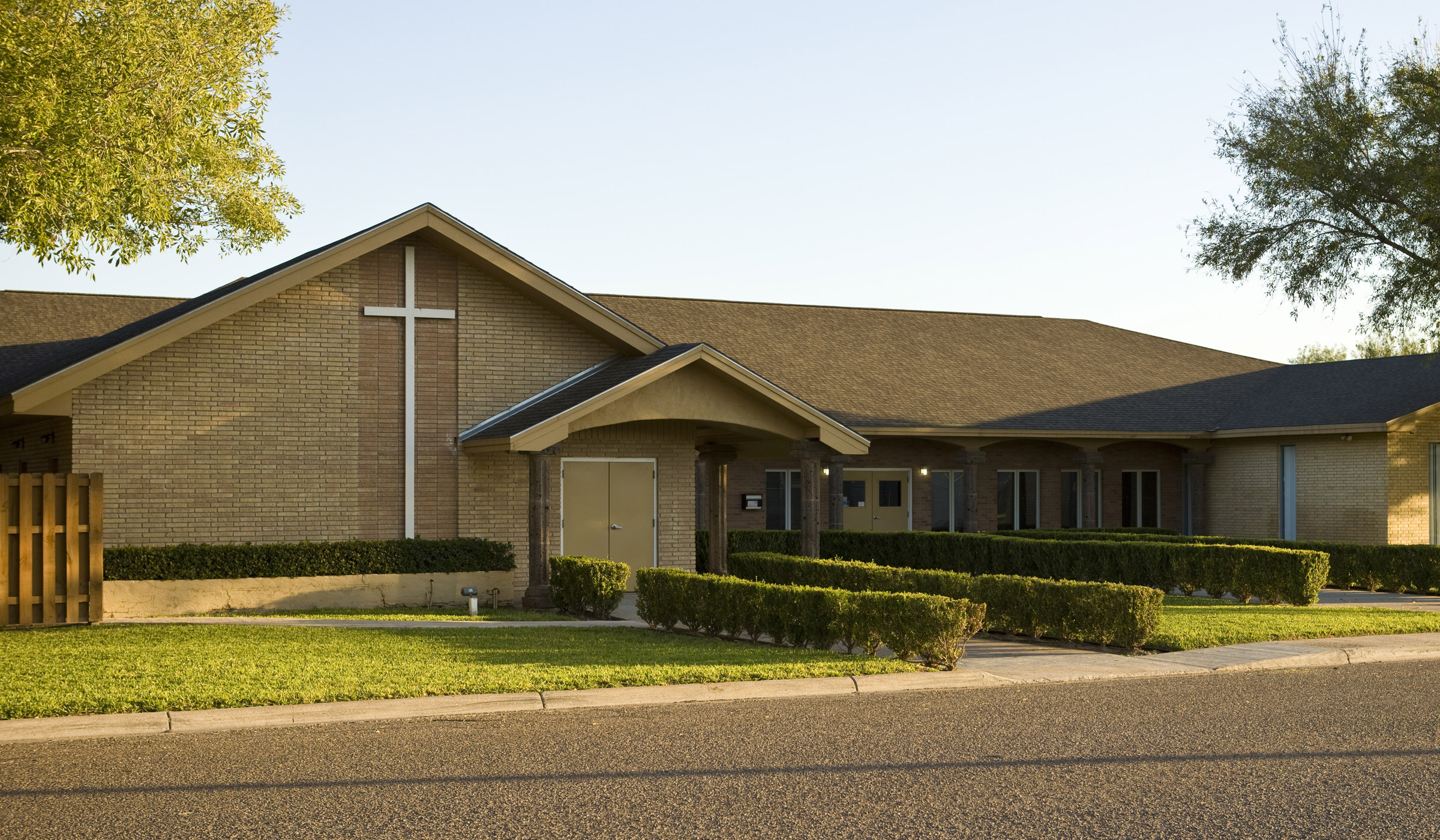 Brick church building.
